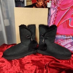 UGG short black suede booties with pom pom charms size 5